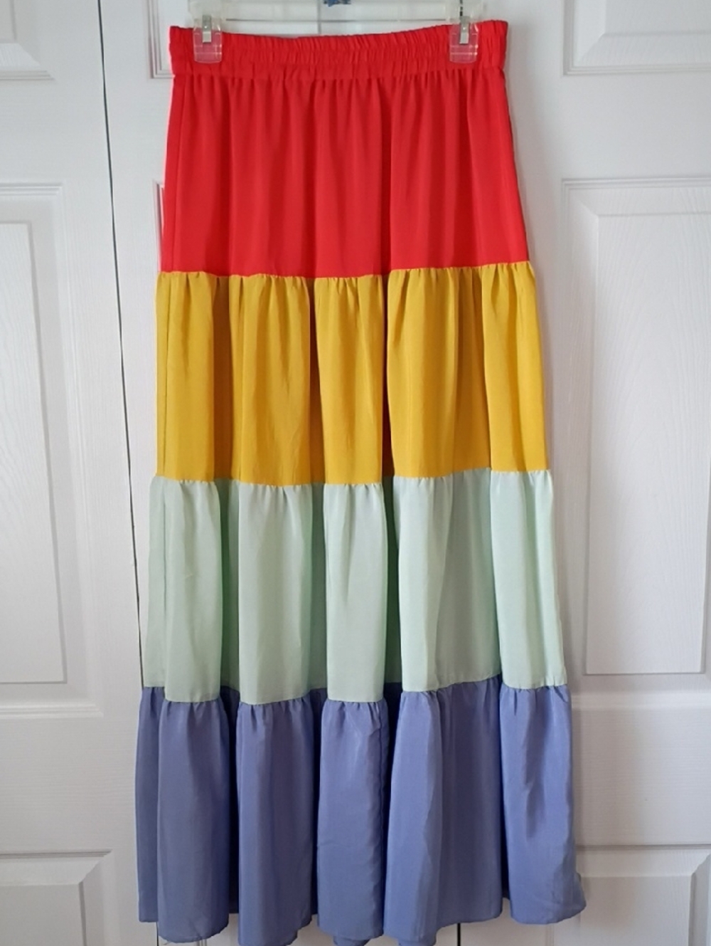 eesome Colorblock Tiered Maxi Skirt - Red, Yellow, Light Green, Periwinkle Small